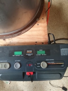 This is the control panel from the treadmill. The red tab is the safety key which can be pulled to stop the extractor in the event of a frame blowout